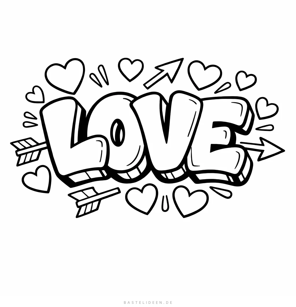 LOVE Schriftzug im Graffiti-Stil mit Herzen und Pfeilen