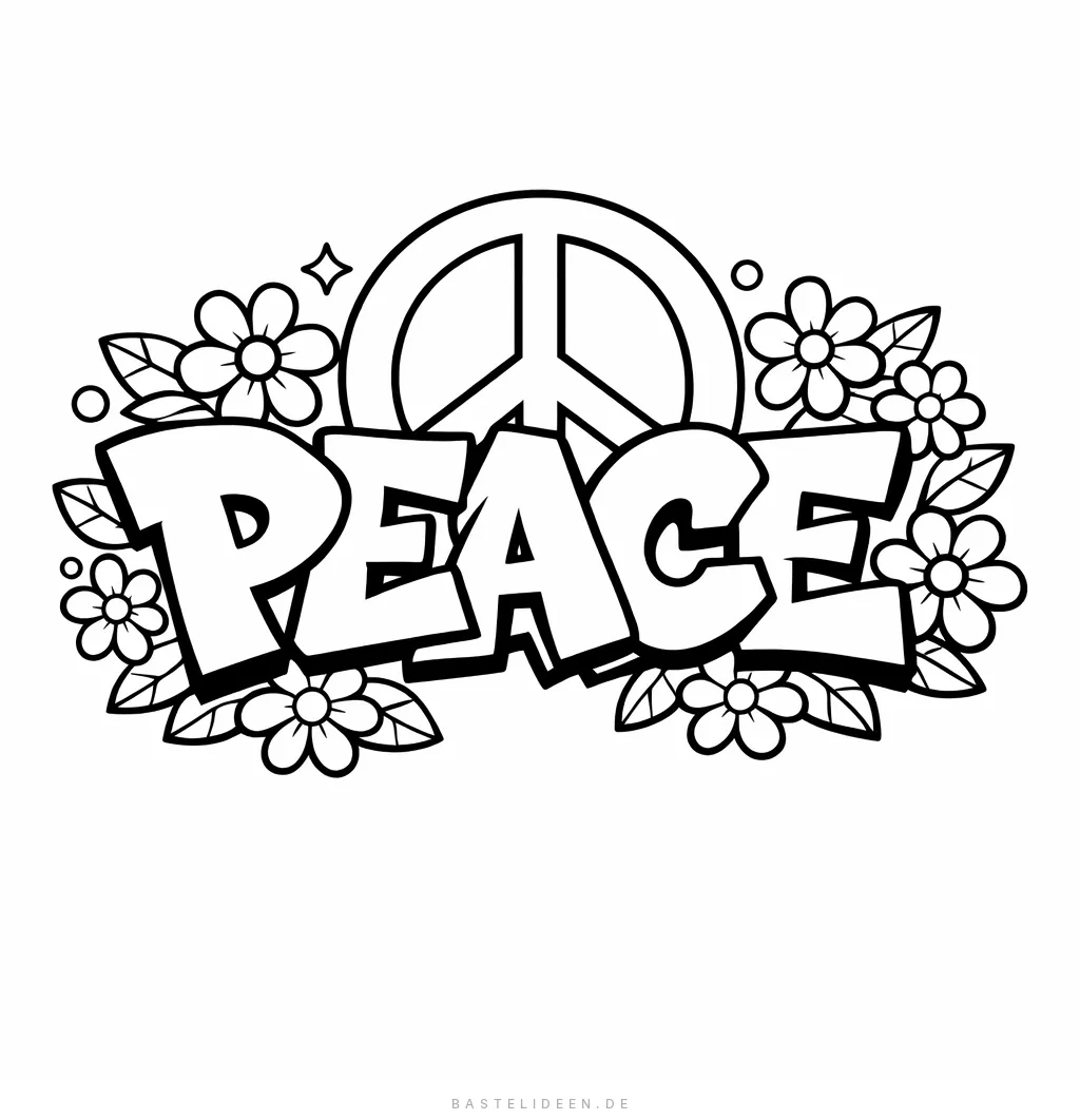 PEACE Schriftzug im Graffiti-Stil mit Friedenszeichen und Blumen