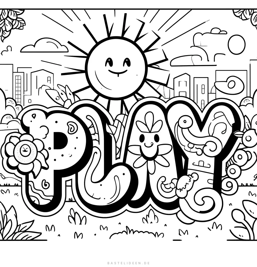 PLAY Graffiti-Schriftzug mit Blumen und Sonne