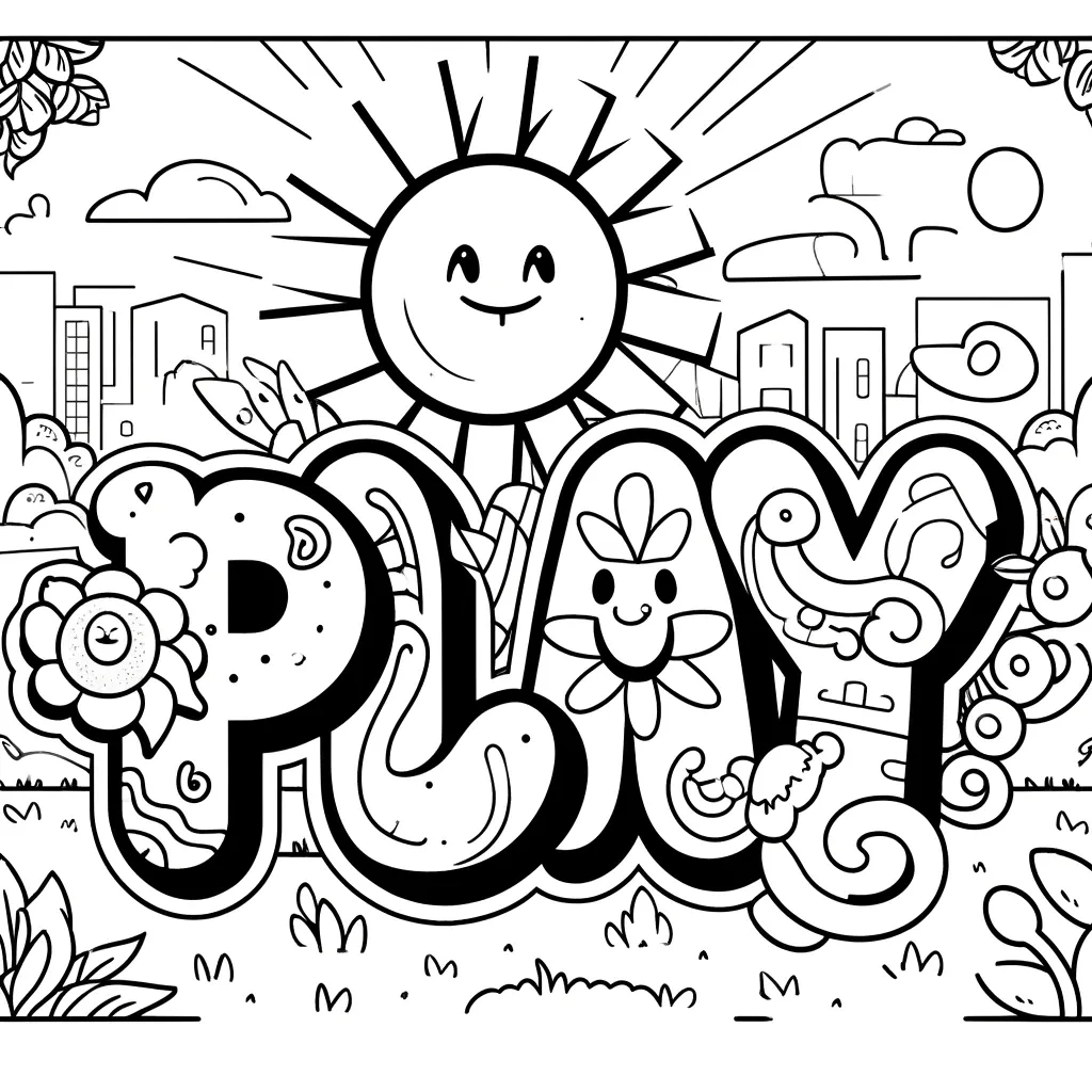 PLAY Graffiti-Schriftzug mit Blumen und Sonne