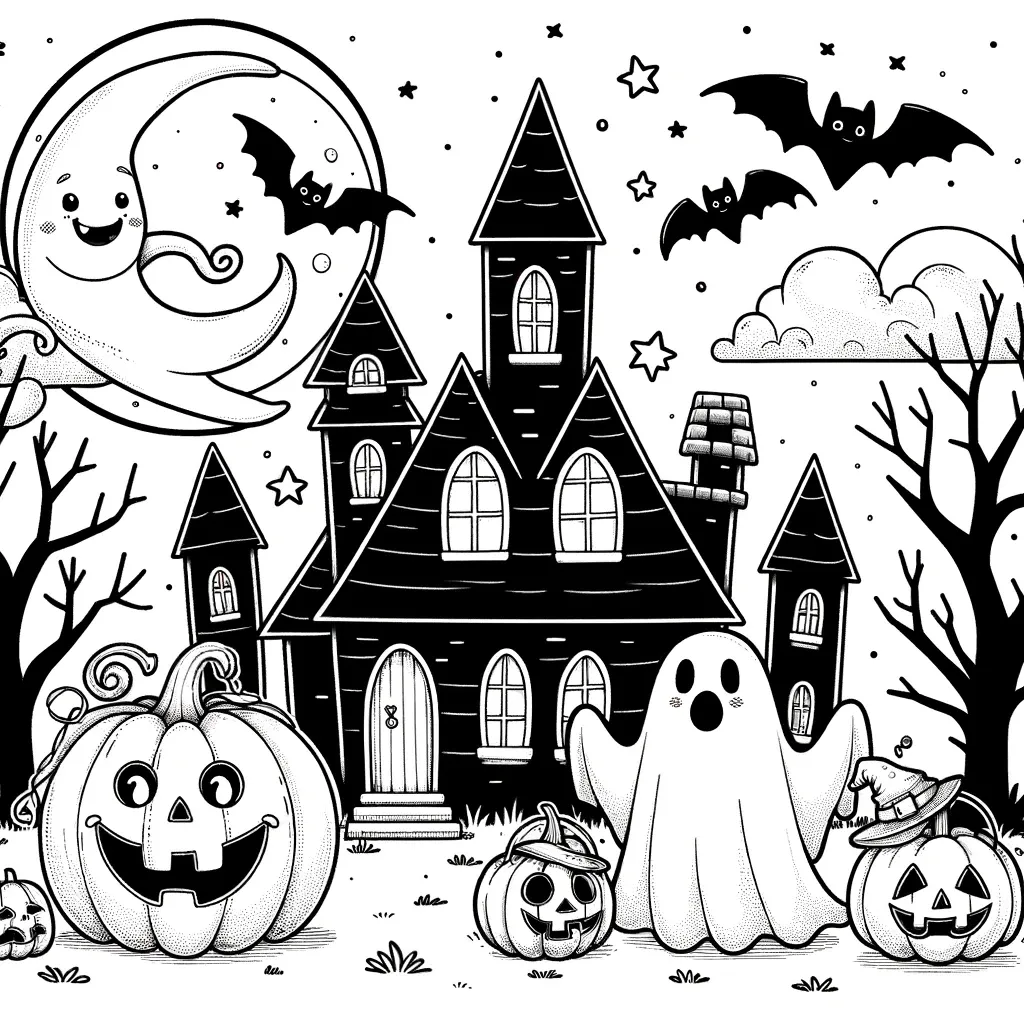 Spukhaus mit Kürbissen, Geist und Fledermäuse