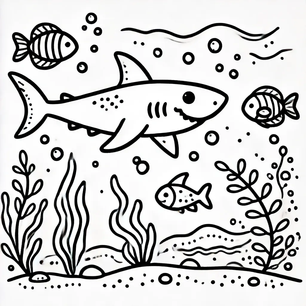 Fröhlicher Hai schwimmt mit Fischen unter Wasser