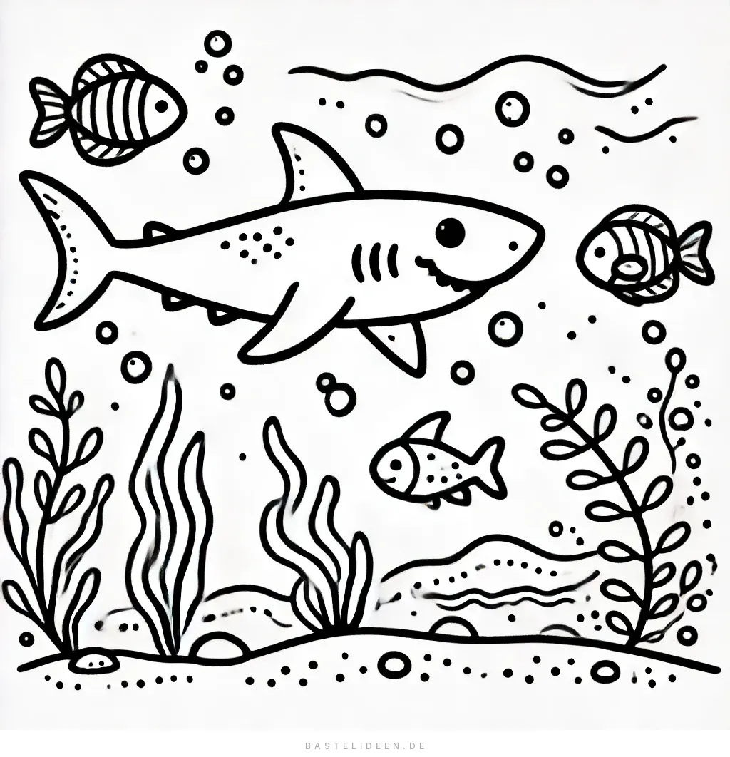 Fröhlicher Hai schwimmt mit Fischen unter Wasser