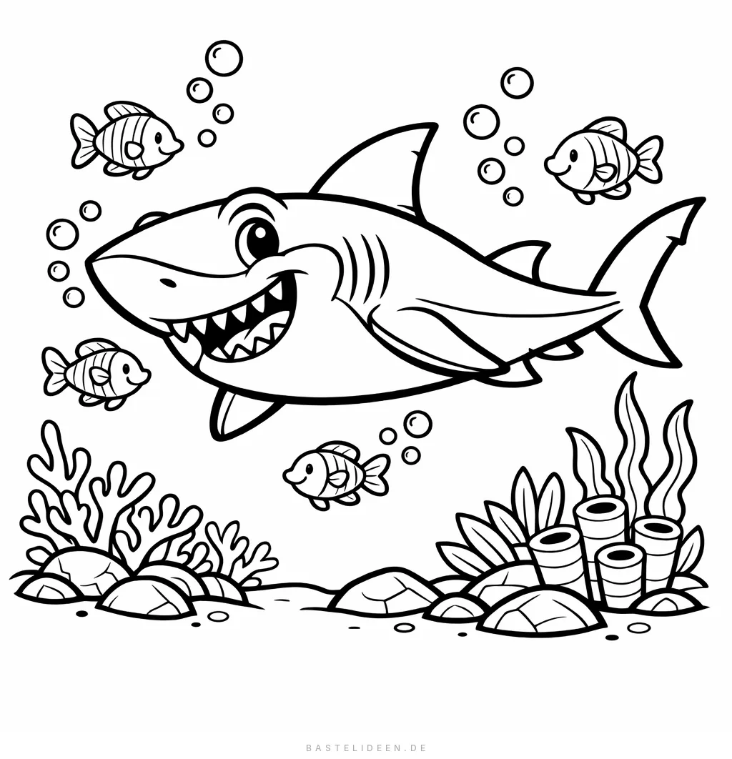 Freundlicher Hai schwimmt mit kleinen Fischen zwischen Korallen