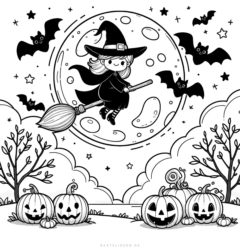 Kleine Hexe fliegt durch Mondnacht mit Kürbissen
