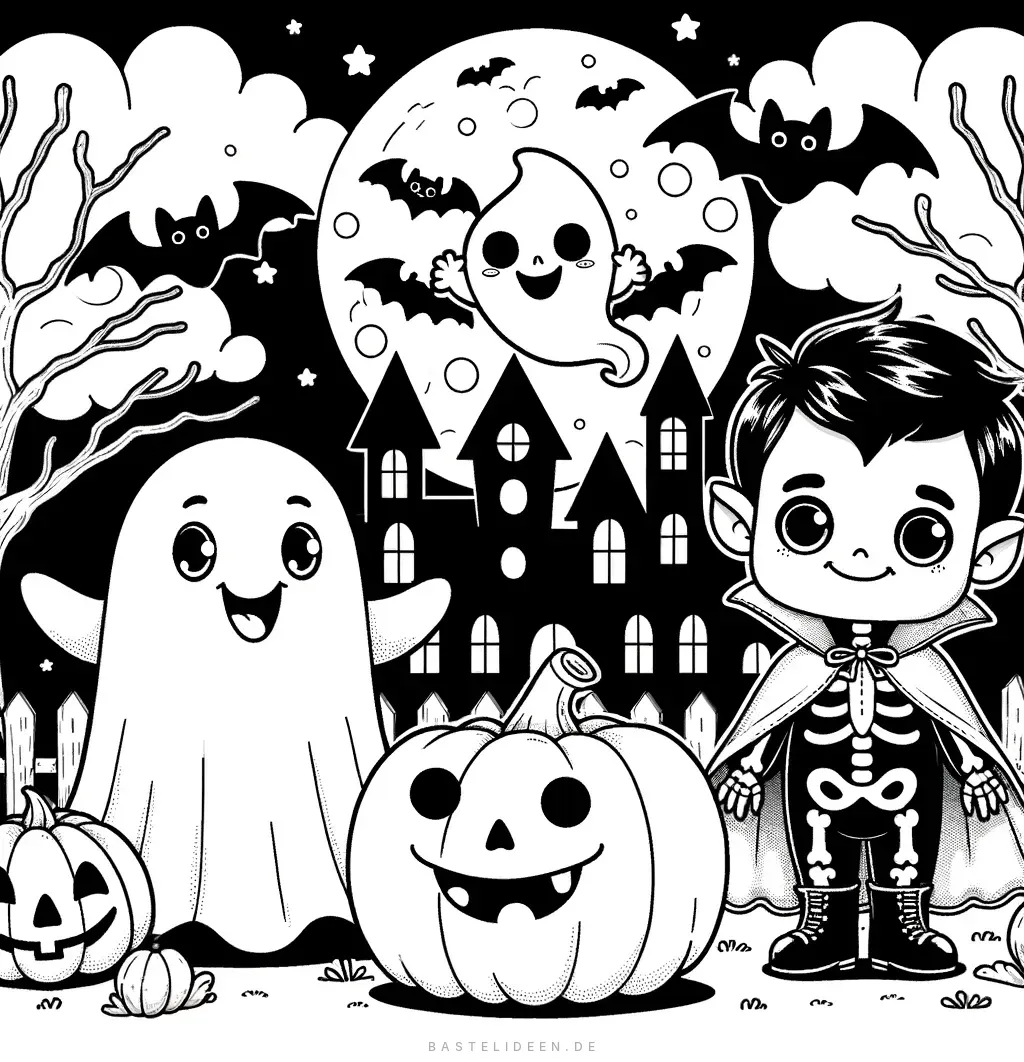 Geist, Vampirkind und Kürbisse vor Spukhaus