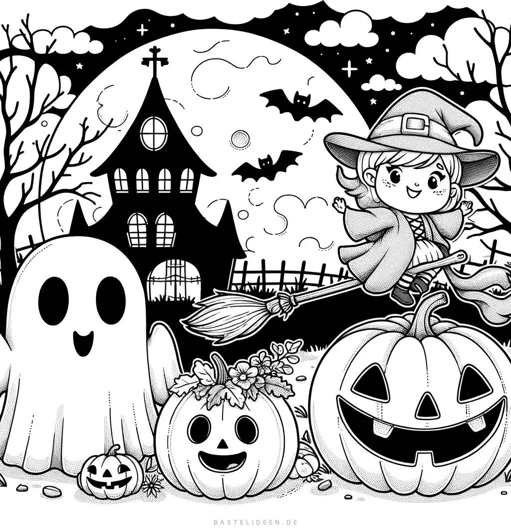Kleine Hexe auf Besen mit Geist und Kürbissen