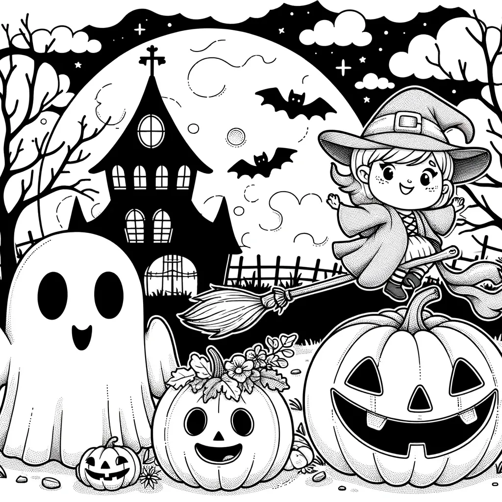 Kleine Hexe auf Besen mit Geist und Kürbissen