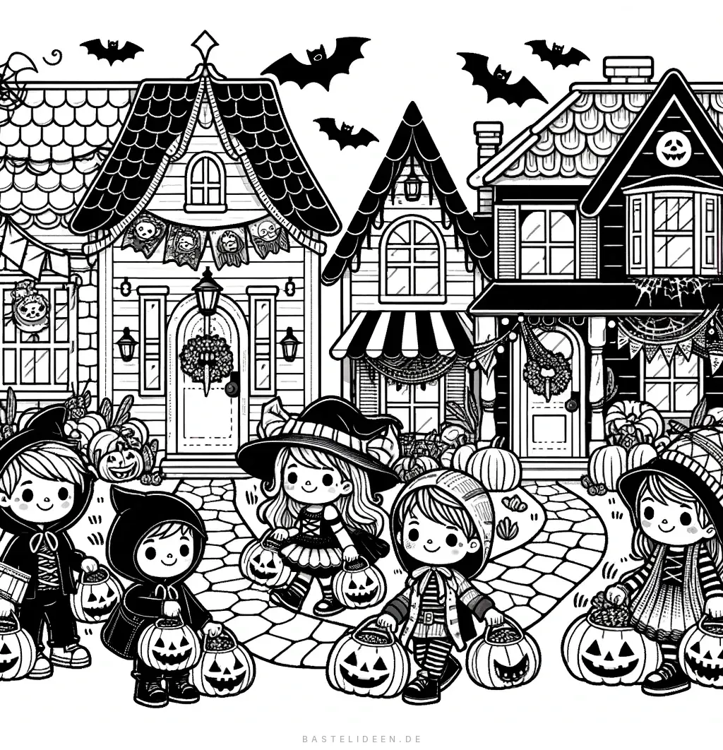 Kinder in Kostümen sammeln Süssigkeiten