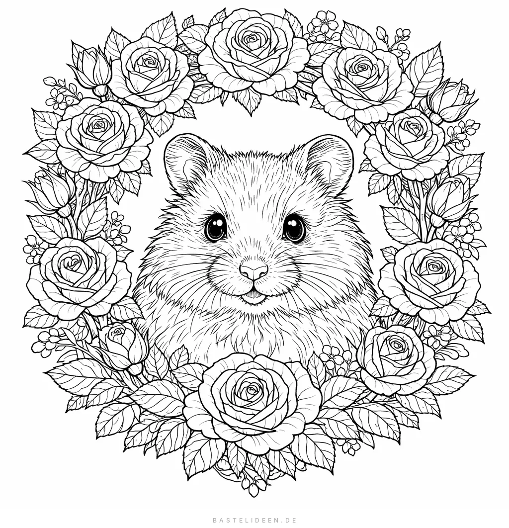 Hamsterportrait umrahmt von detaillierten Rosen