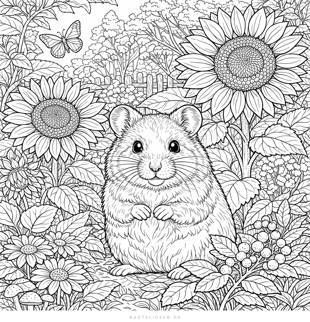 Hamster zwischen detaillierten Sonnenblumen und Pflanzen