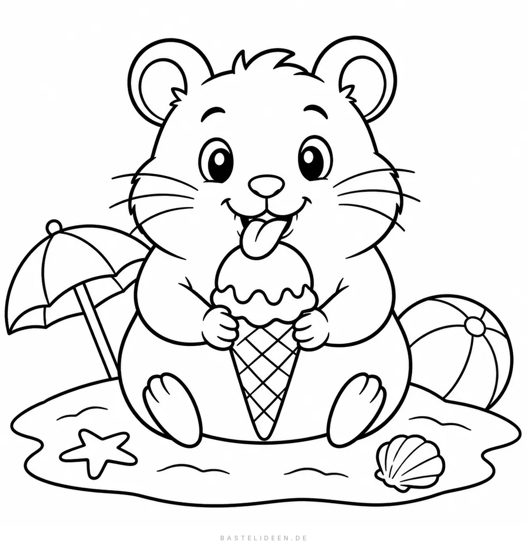 Hamster sitzt am Strand und schleckt an einer Eistüte