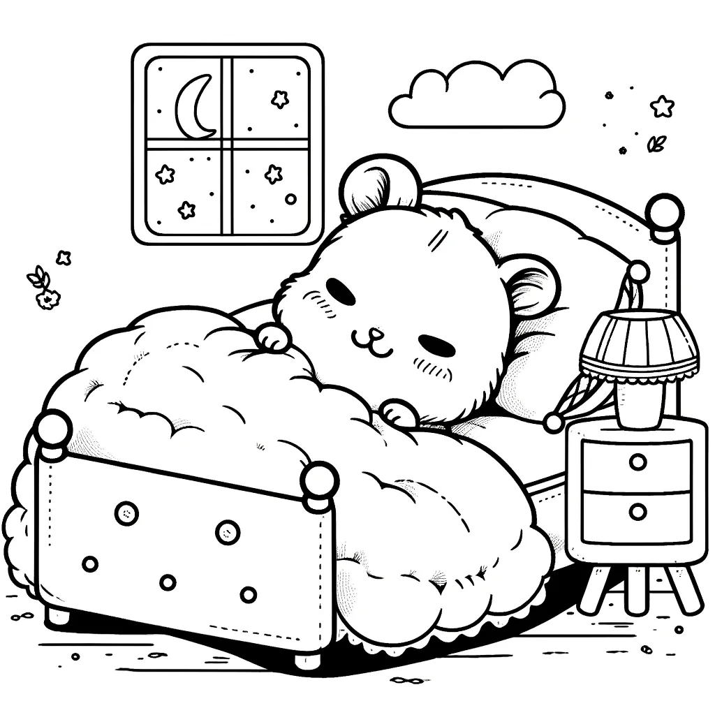 Gemütlicher Hamster schläft im Bett mit Nachthimmel