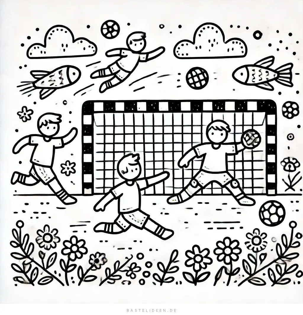 Handballspieler in Aktion mit Torwart-Parade