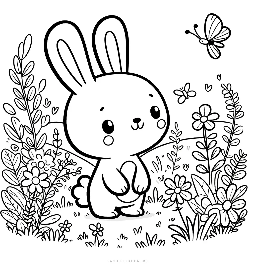 Niedlicher Hase auf Blumenwiese mit Schmetterling
