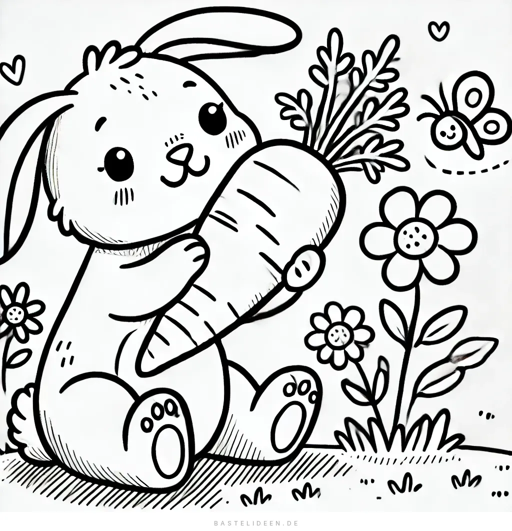 Hase hält große Karotte im Blumengarten