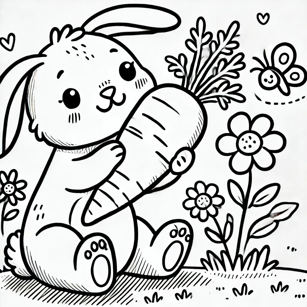 Hase hält große Karotte im Blumengarten