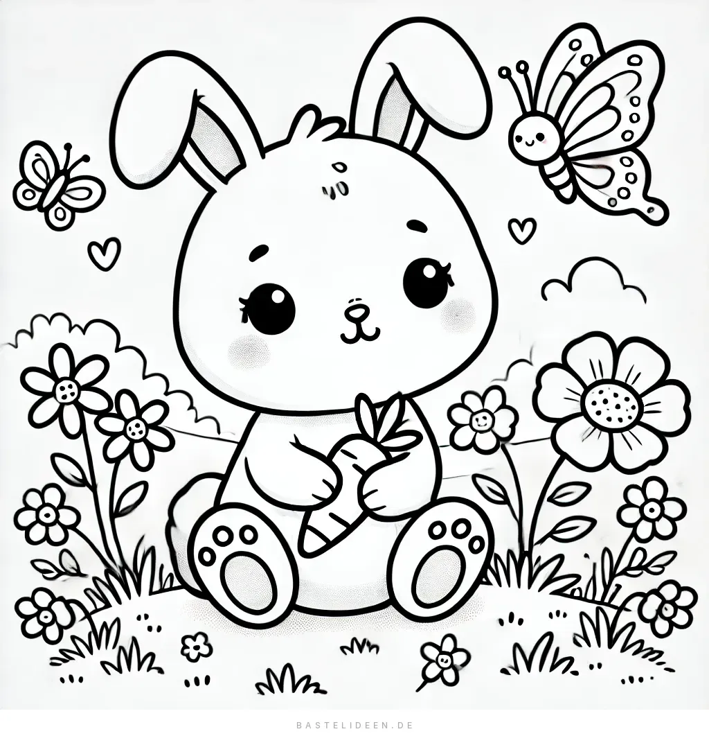 Sitzender Hase mit Karotte zwischen Blumen und Schmetterlingen