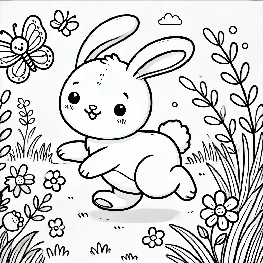 Hase läuft fröhlich durch Blumenwiese mit Schmetterling