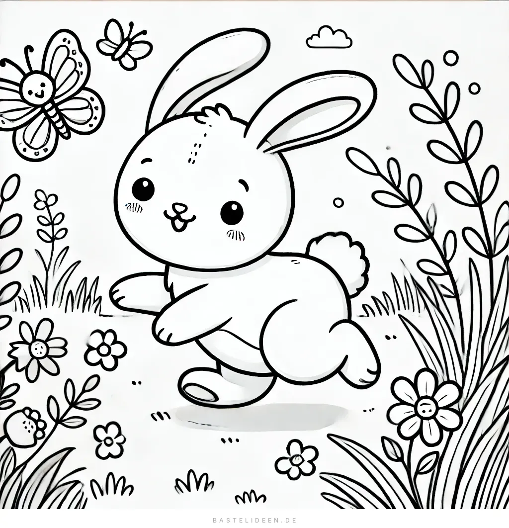 Hase läuft fröhlich durch Blumenwiese mit Schmetterling