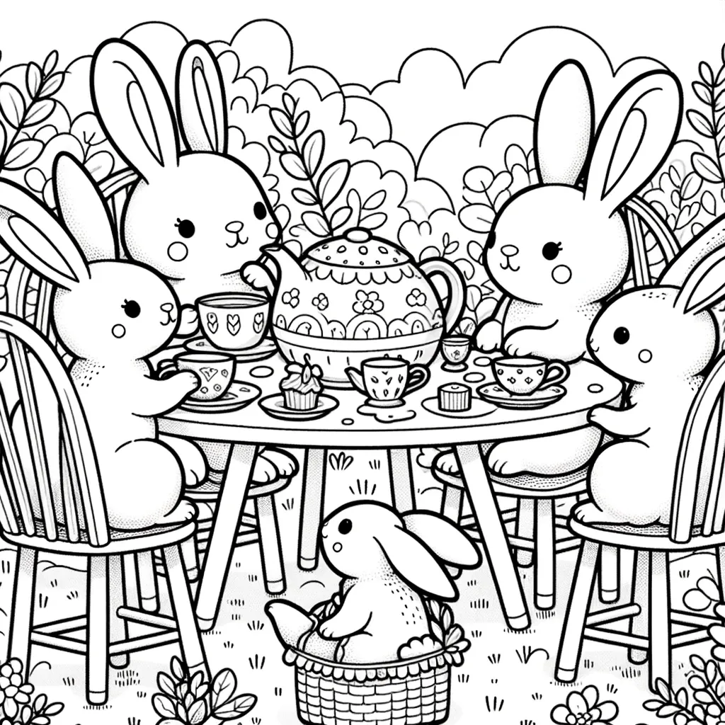 Hasen beim Teekränzchen am Gartentisch