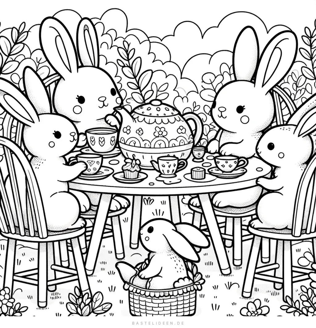 Hasen beim Teekränzchen am Gartentisch