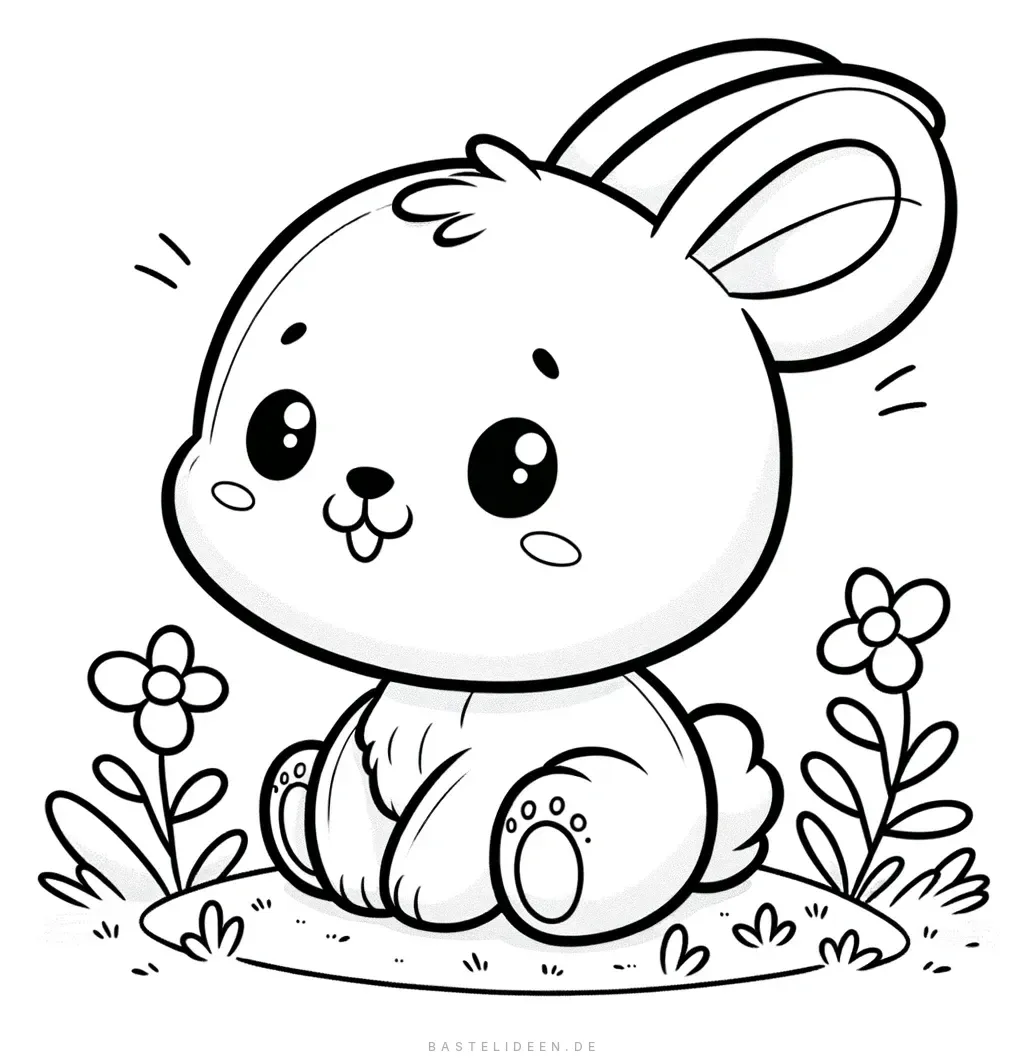 Süßes Hasenbaby sitzend zwischen Blumen