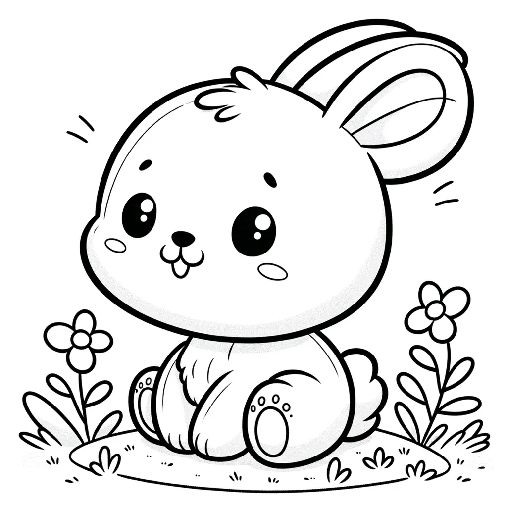 Süßes Hasenbaby sitzend zwischen Blumen