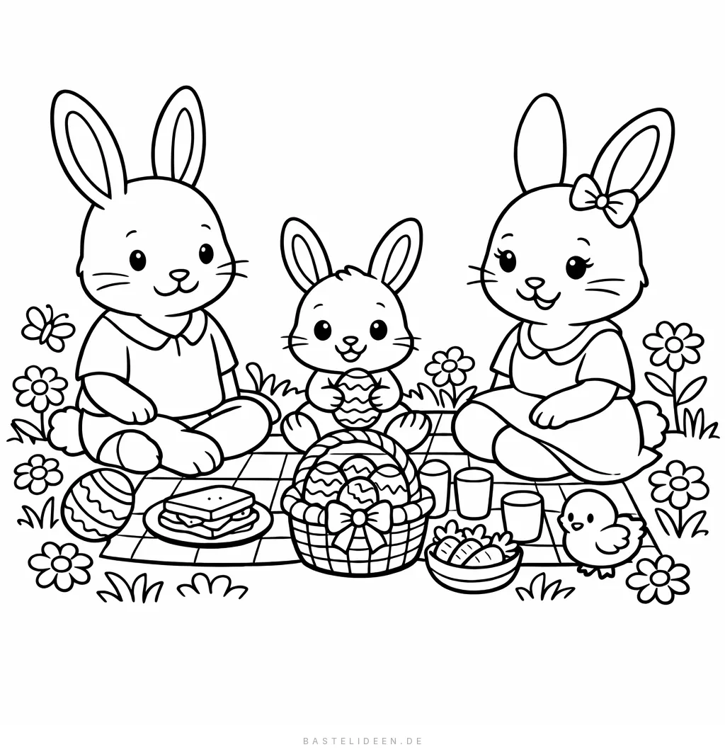 Hasenfamilie mit Eltern und Kind beim Picknick auf karierter Decke