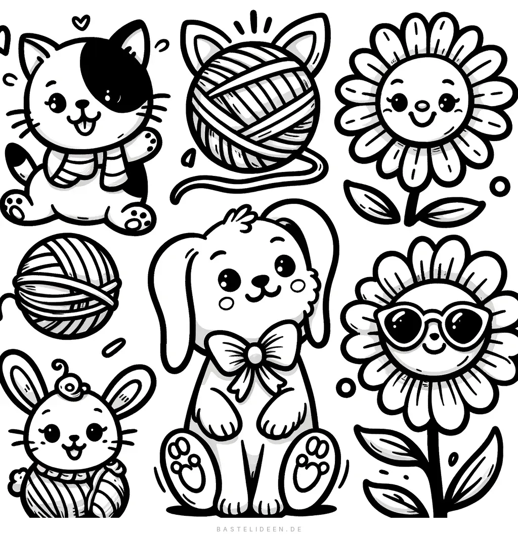 Kätzchen, Welpe, Häschen und fröhliche Blumen