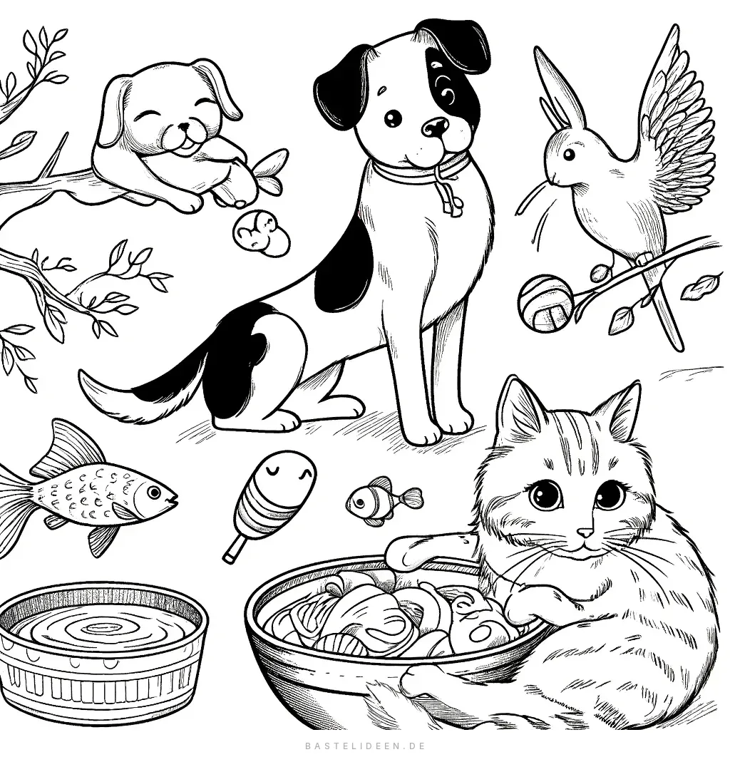 Hund, Katze, Vogel und Fische als Haustiere