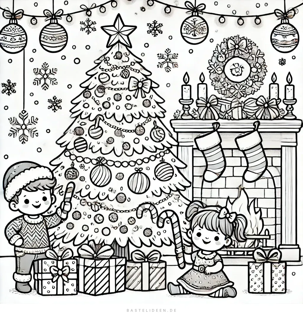 Kinder mit Zuckerstangen vor dem Weihnachtsbaum