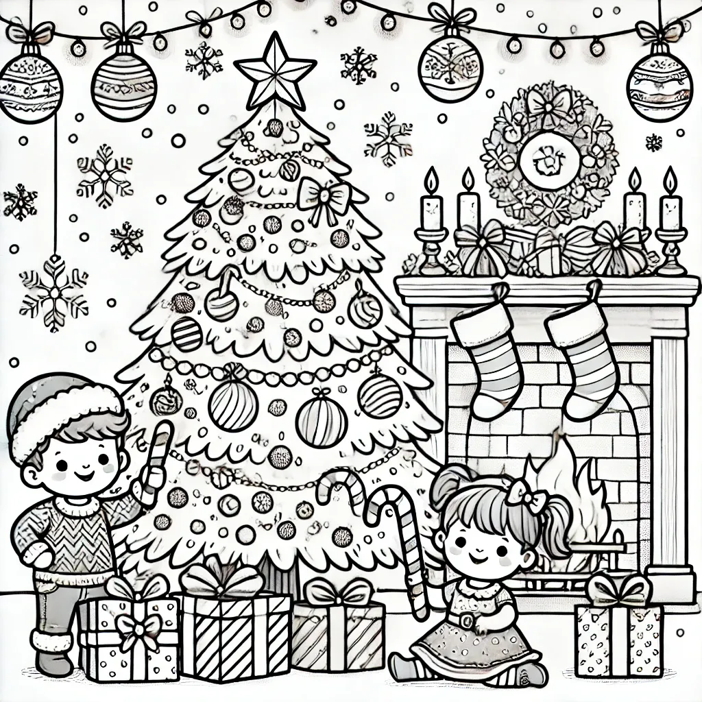 Kinder mit Zuckerstangen vor dem Weihnachtsbaum