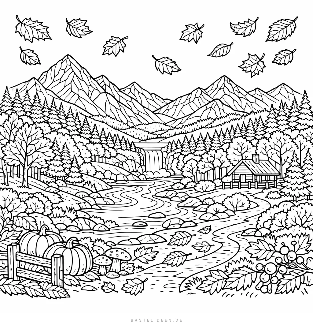 Komplexe Herbstlandschaft mit Wald, Bergen und fallendem Laub