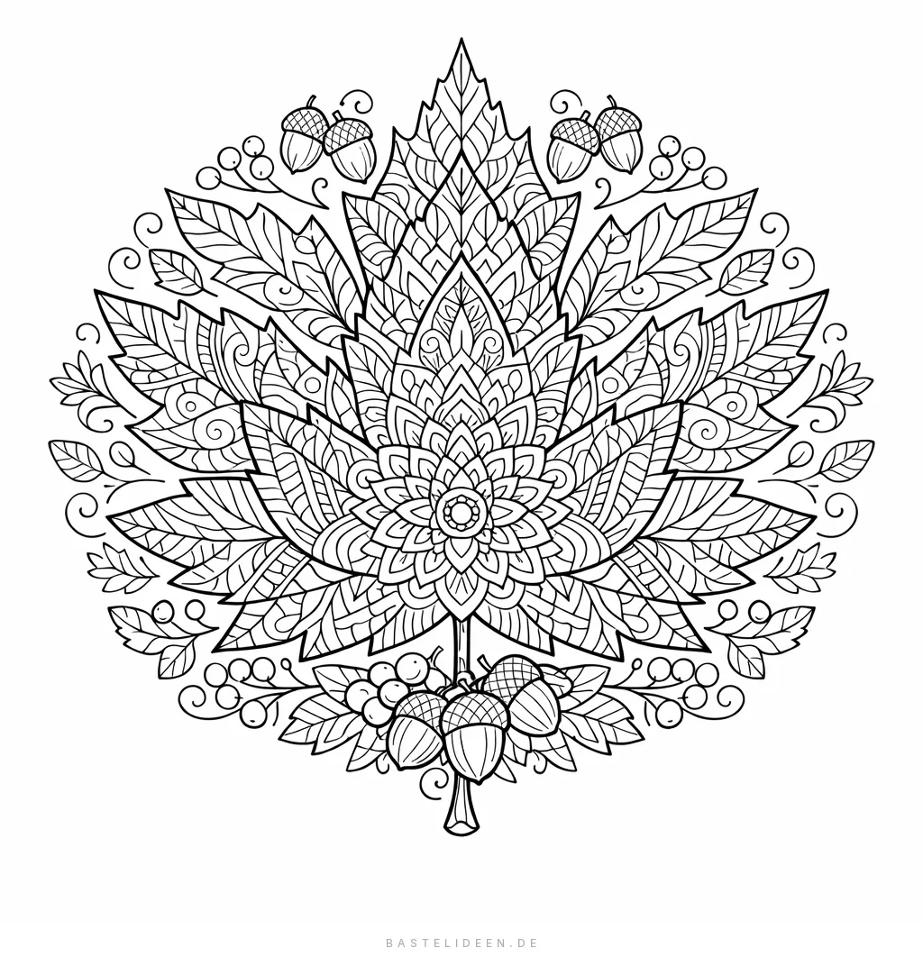 Kunstvolles Mandala in Form eines Herbstblatts mit detaillierten Mustern