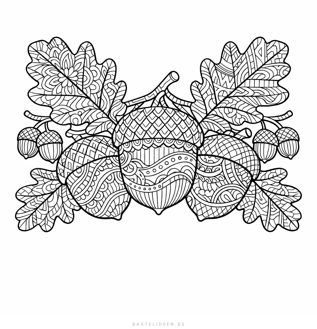 Eicheln und Eichenblätter mit kunstvollen Zentangle-Mustern