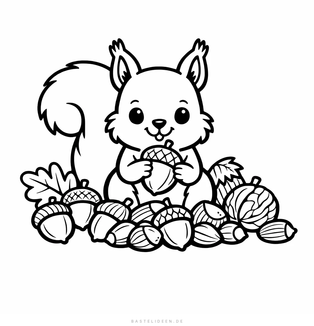 Eichhörnchen sammelt Eicheln und Nüsse im Herbst