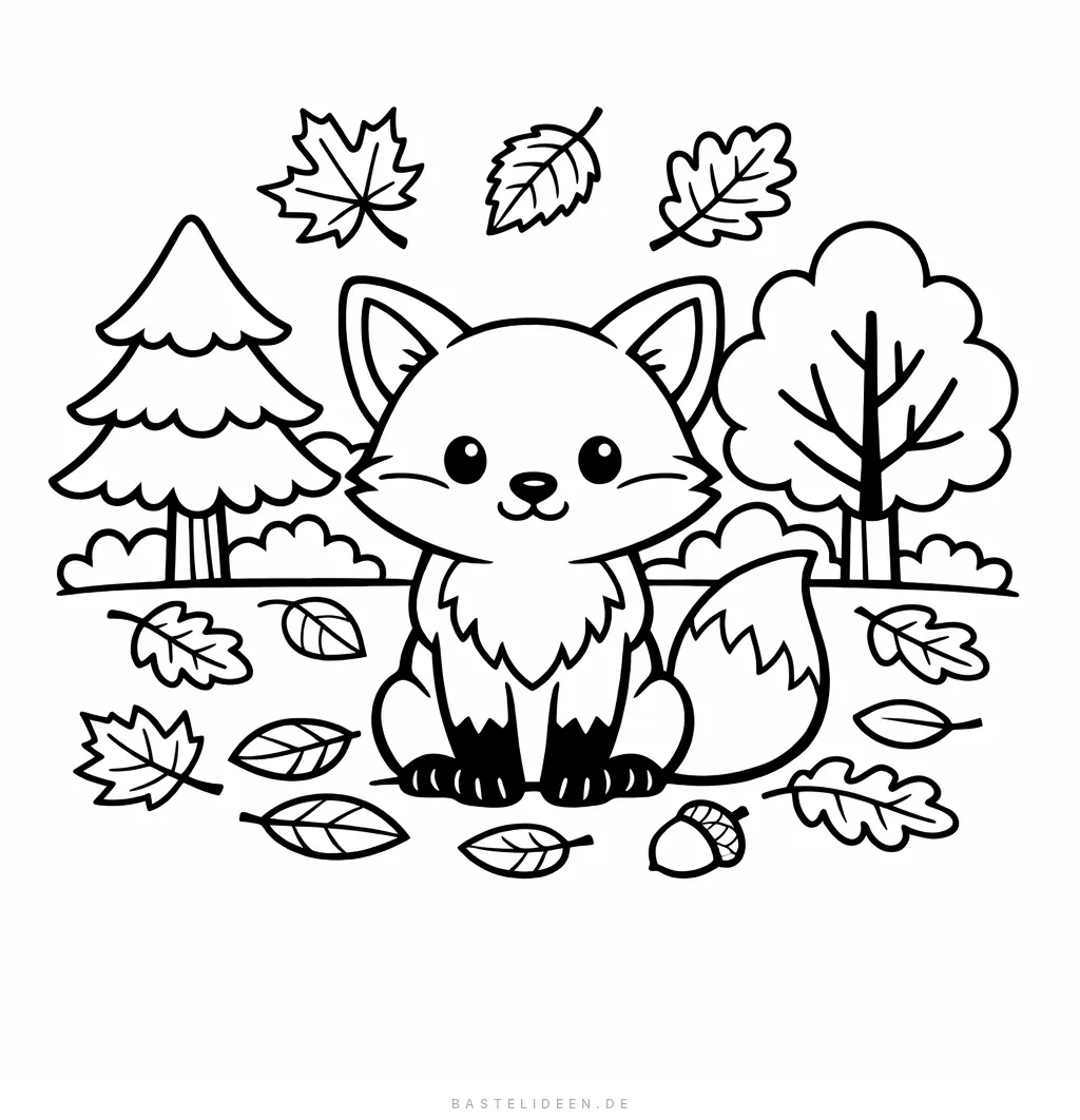 Niedlicher Fuchs im bunten Herbstwald mit Bäumen und Blättern