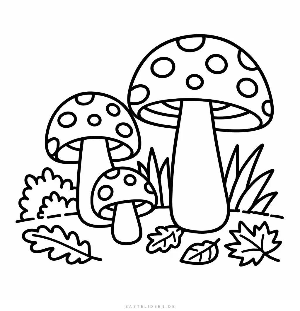 Große Pilze mit Herbstblättern im Wald