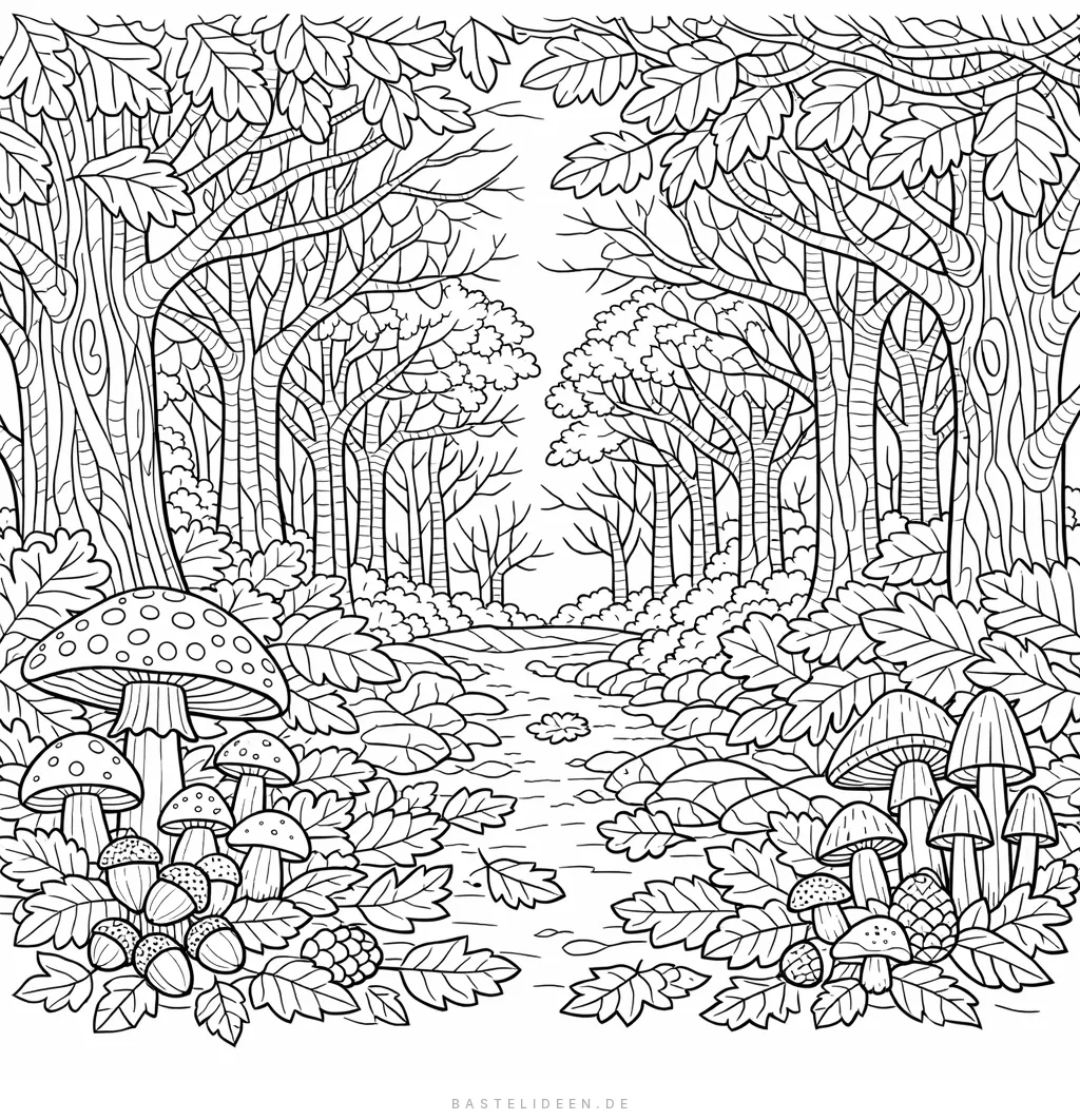 Komplexe Herbstwald-Szene mit Bäumen, Pilzen und Laub