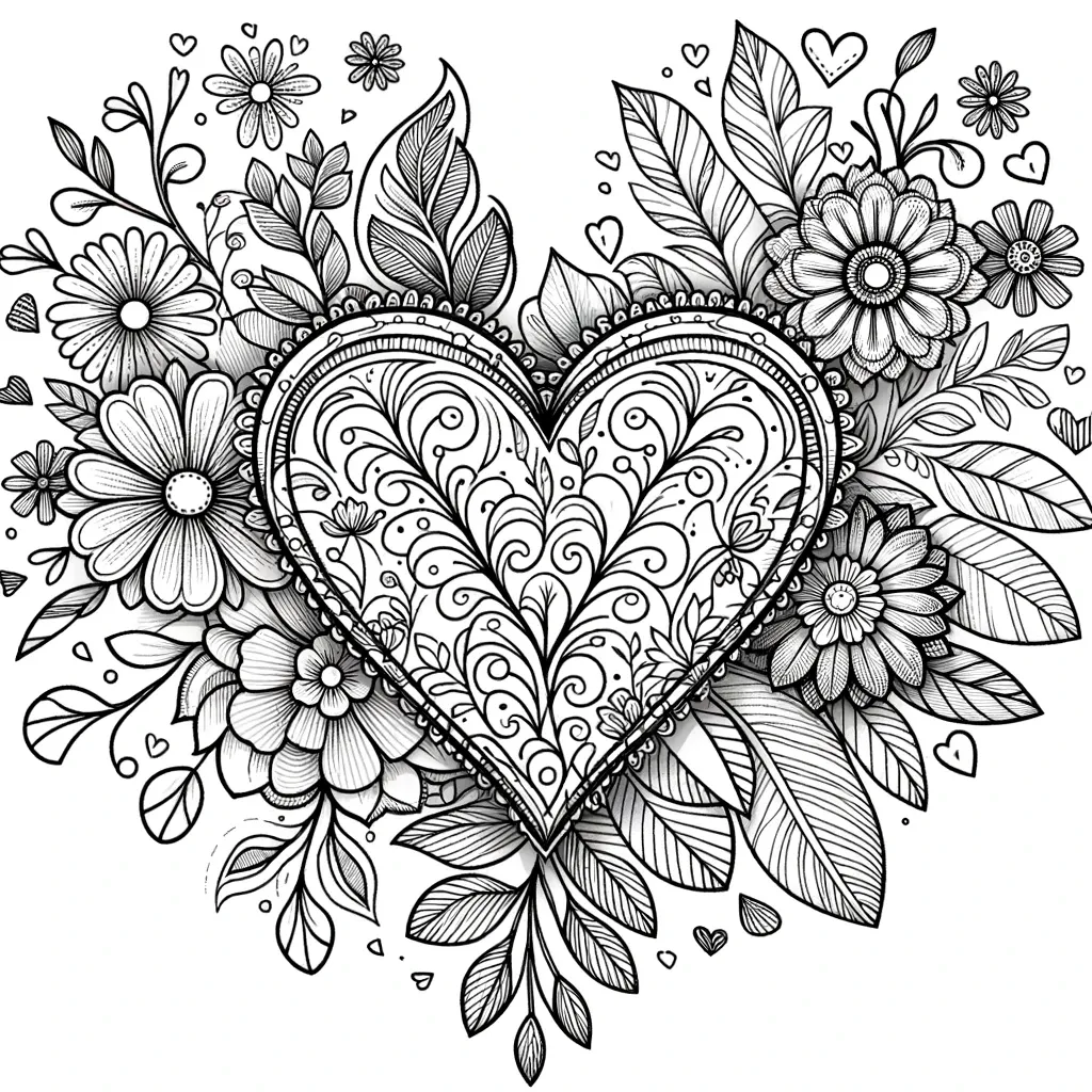 Verziertes Herz umgeben von Blumen und Blättern