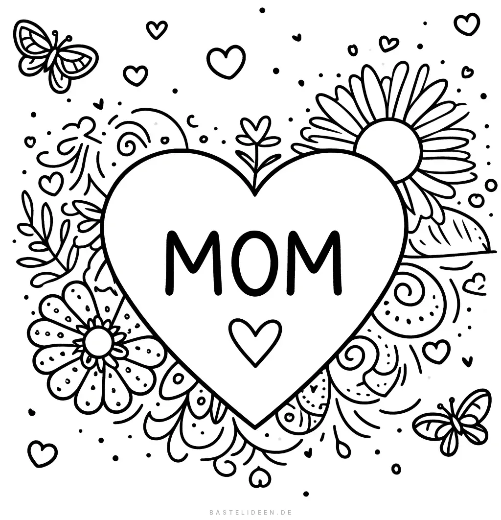 Herz mit Mama umgeben von Blumen und Schmetterlingen
