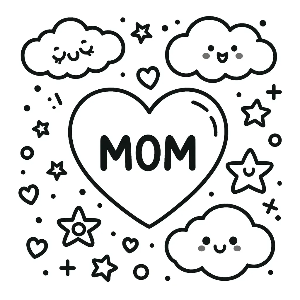 Herz mit Mama umgeben von Wolken und Sternen