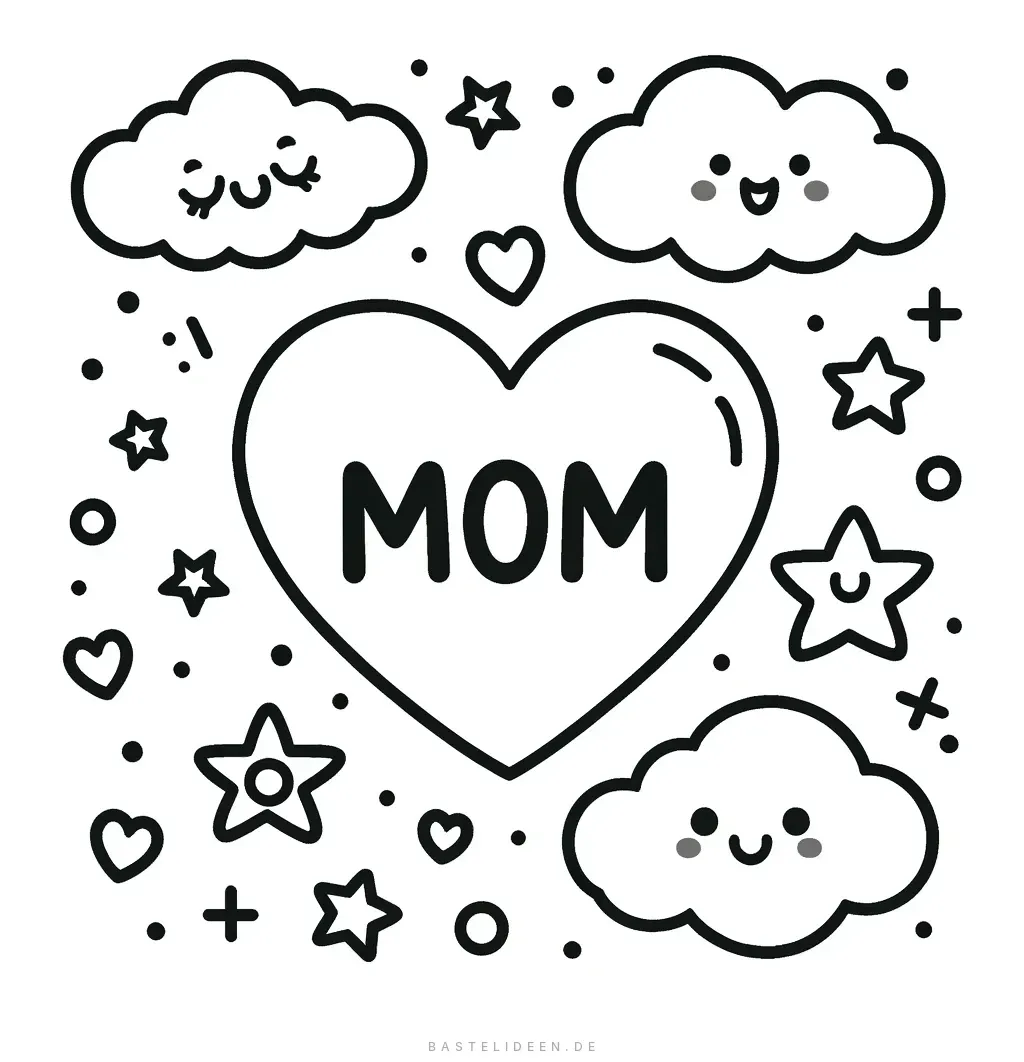 Herz mit Mama umgeben von Wolken und Sternen