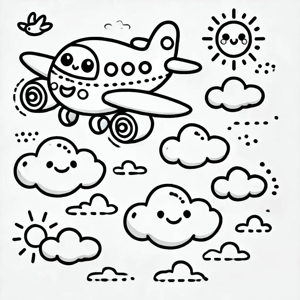 Fröhliches Flugzeug im Wolkigen Himmel