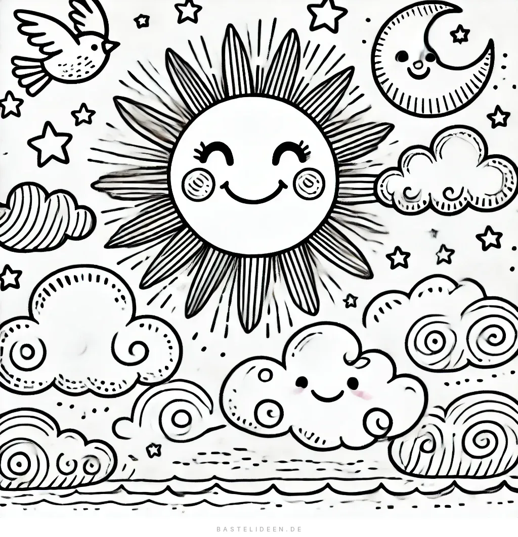Lächelnde Sonne, Wolken und ein Sternenhimmel