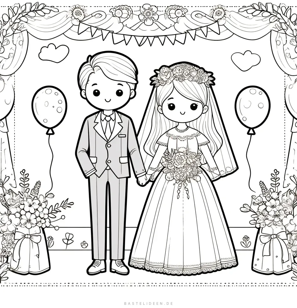 Niedliches Brautpaar umgeben von Ballons und Blumen