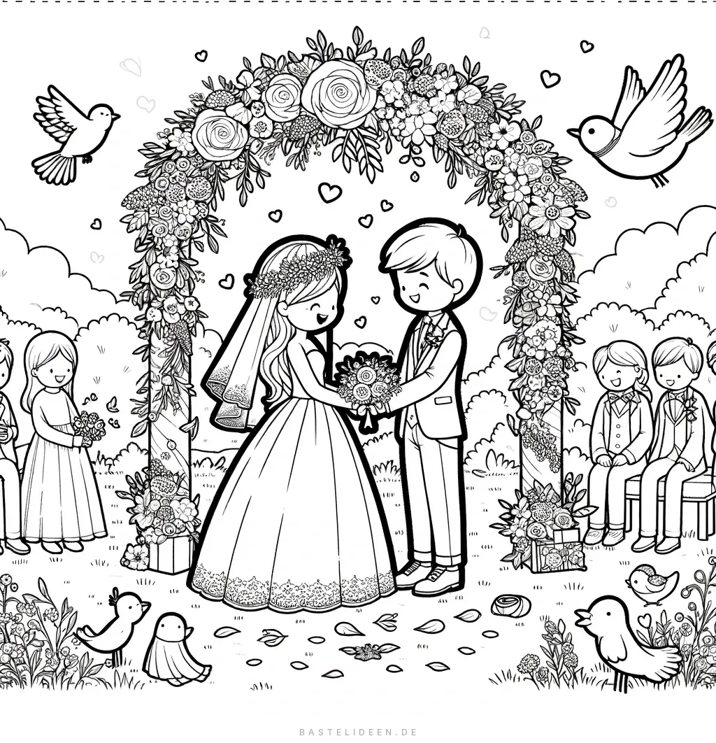 Brautpaar unter einem dekorierten Blumenbogen