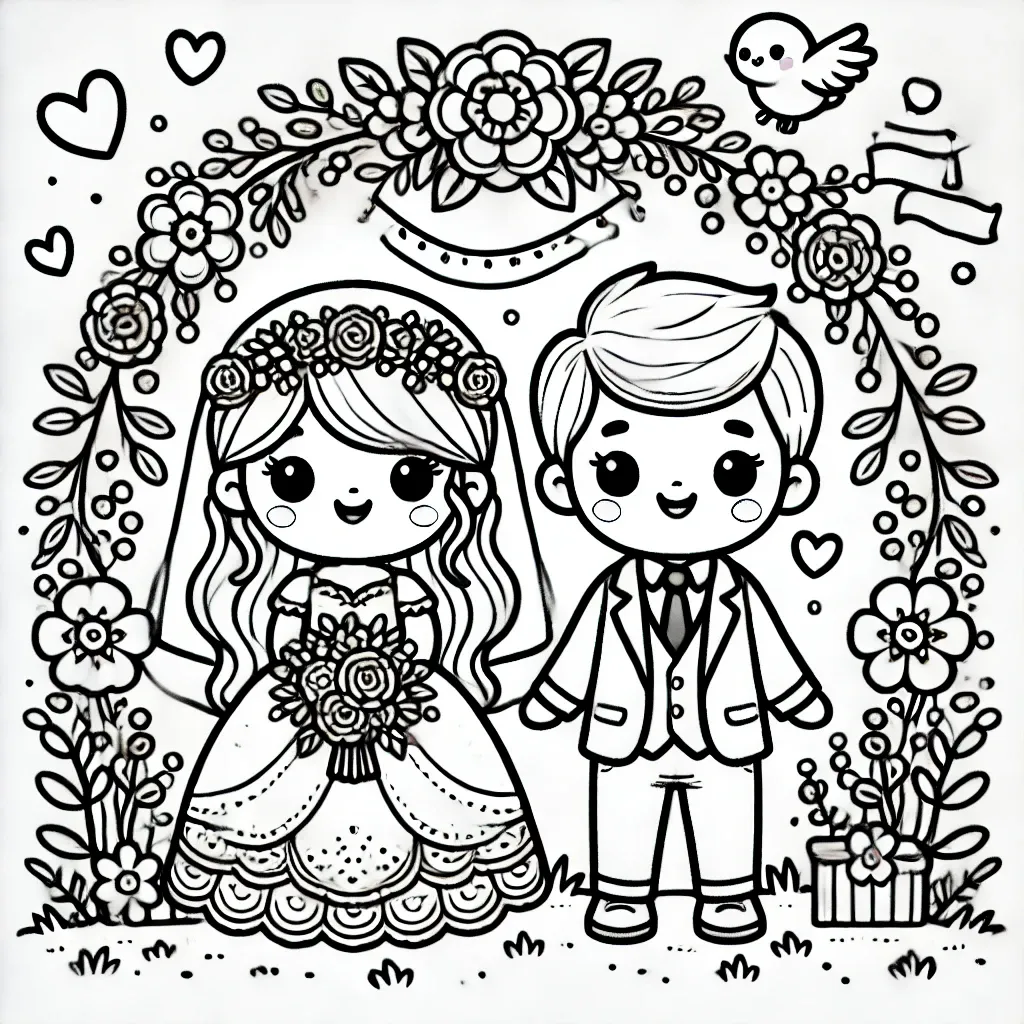 Cartoon Brautpaar bei der Hochzeitszeremonie