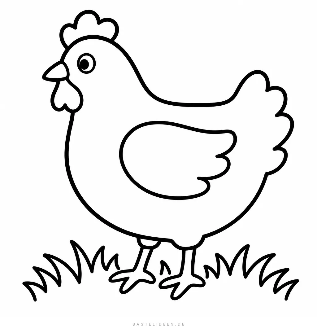 Einzelnes Huhn von der Seite mit rundem Körper und Kamm auf einer Graswiese